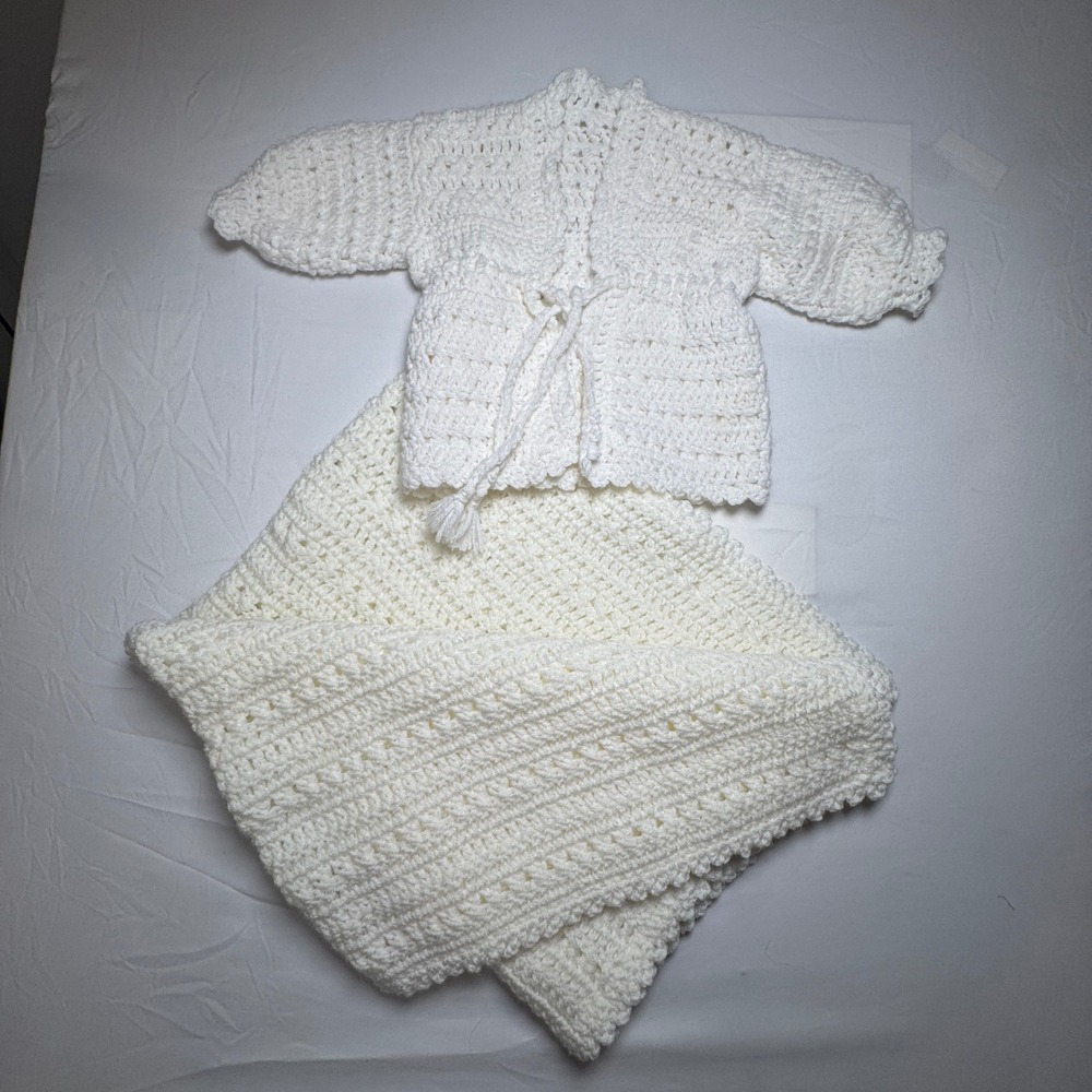 Vintage Handmade Crochet Baby Jacket and Blanket Set Cream White Newborn 0-6M